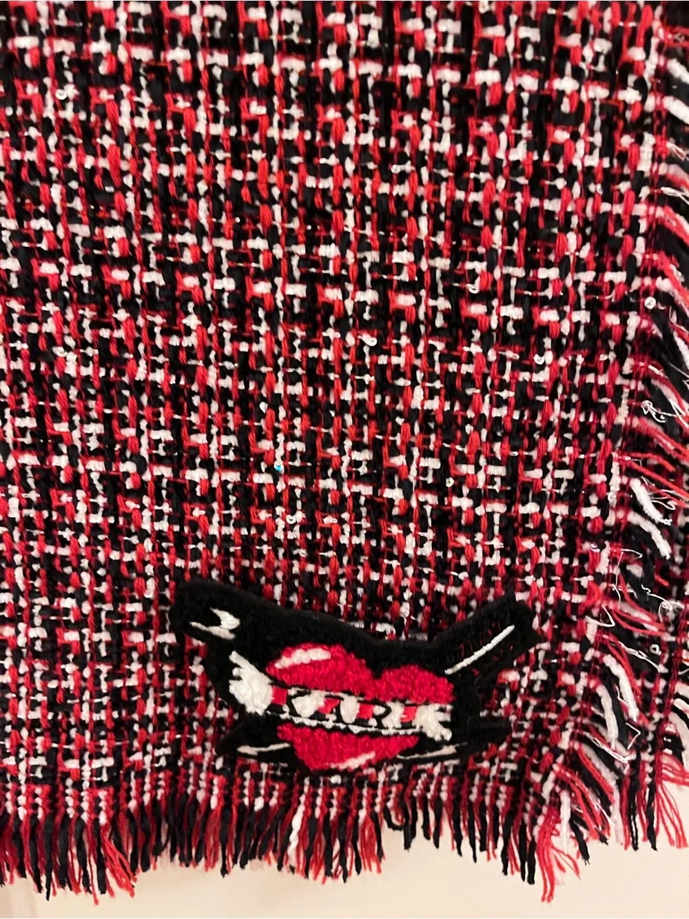 NWT Karl Lagerfeld Tweed Fringe Shawl - Red, White & Black with KARL Heart Patch